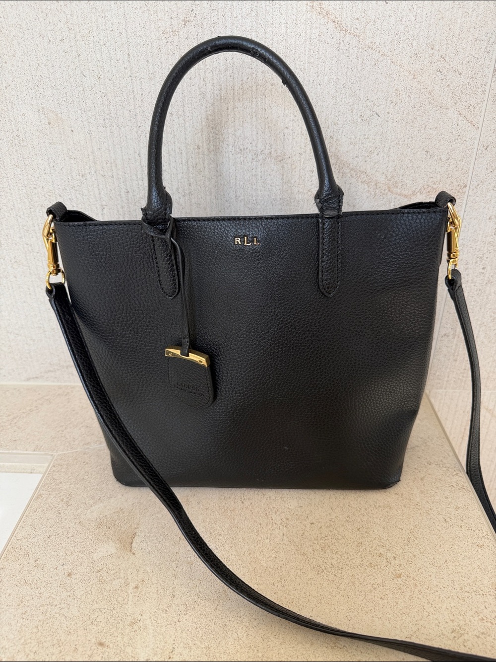 Lauren Ralph Lauren Black Pebbled Purse Tote with Gold Hardware CBK Classic